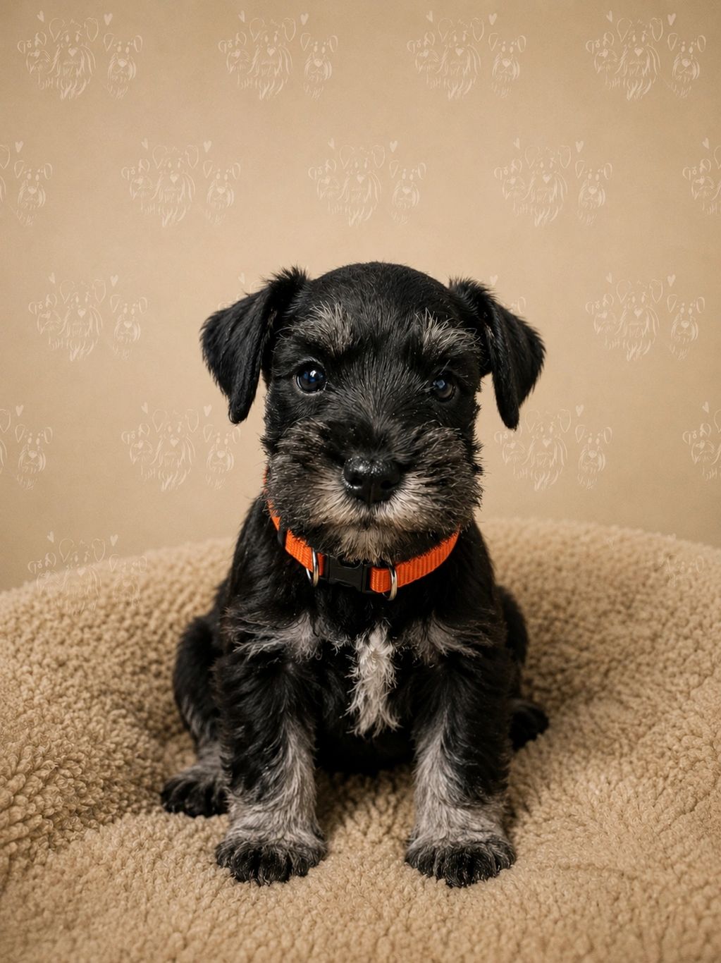Adorable black and gray puppy with an orange collar sitting on a beige blanket.