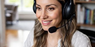 Woman with headset smiling during a video call.