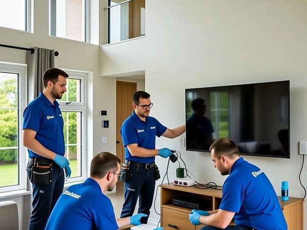 Four technicians in blue uniforms installing a wall-mounted TV in a modern living room.