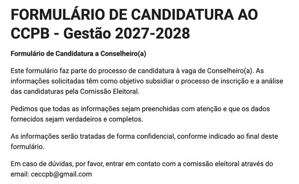 Formulário para candidatura a conselheiro do CCPB 2027-2028.