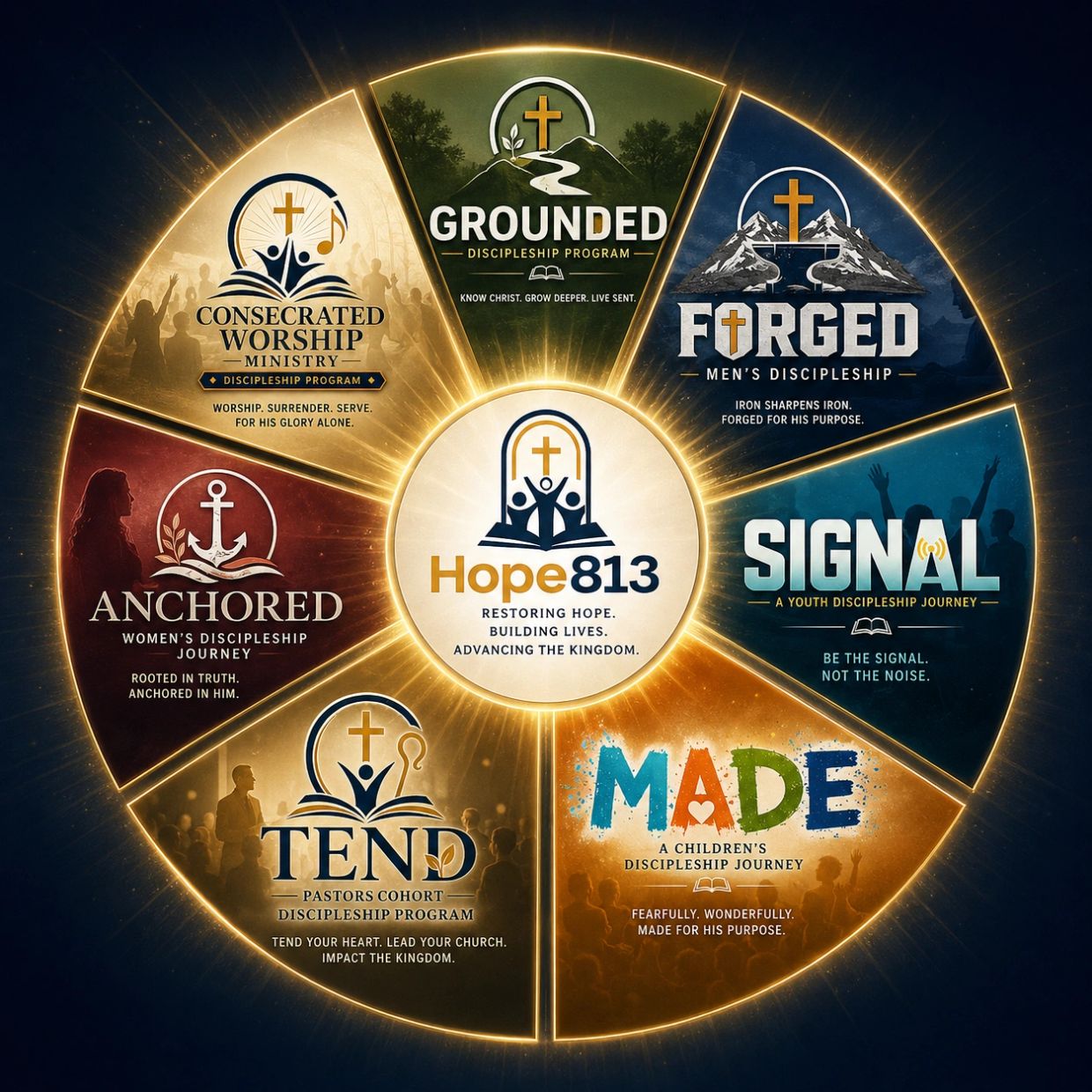 Faith-based discipleship programs for different groups.