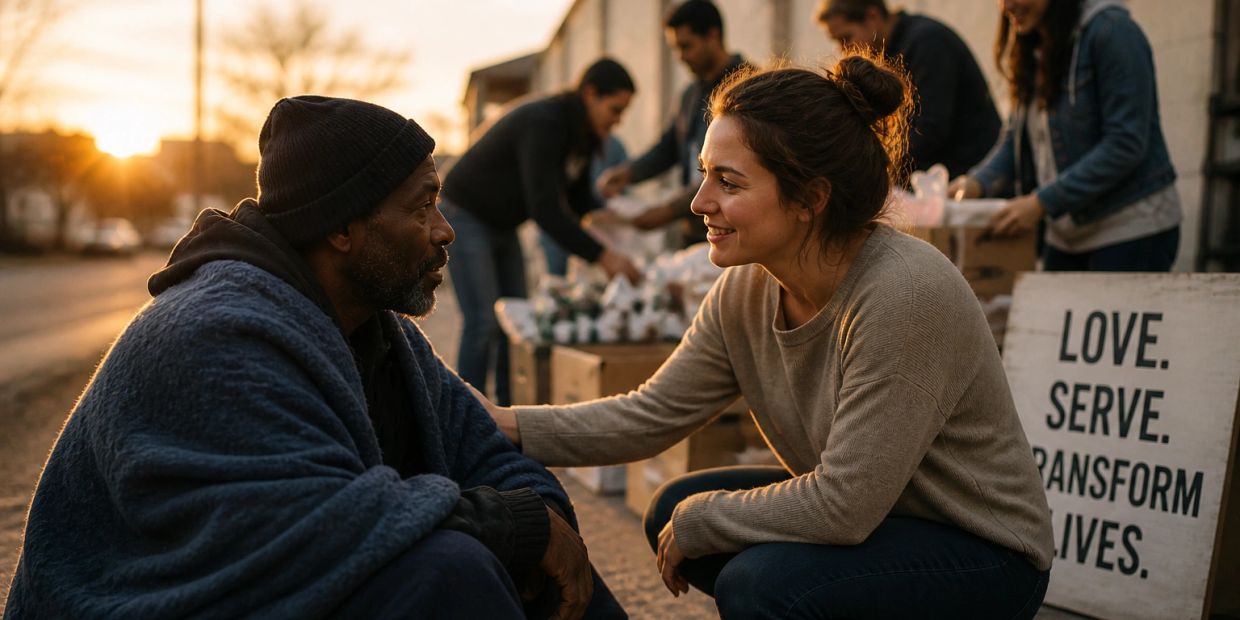 Volunteers helping the homeless with kindness and care.