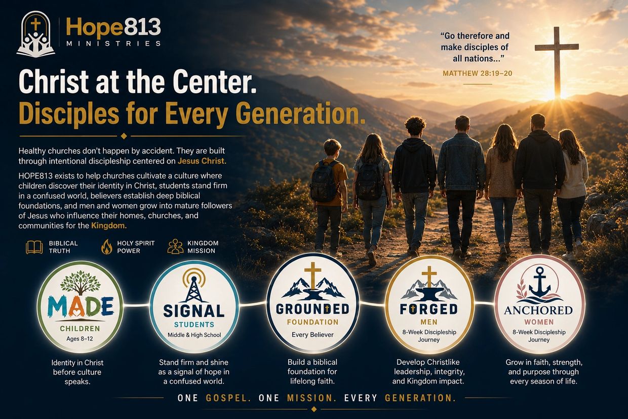 Group walking towards a cross with church ministry details overlay.