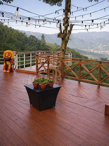 Wooden deck with potted plants overlooking a mountainous landscape under string lights.