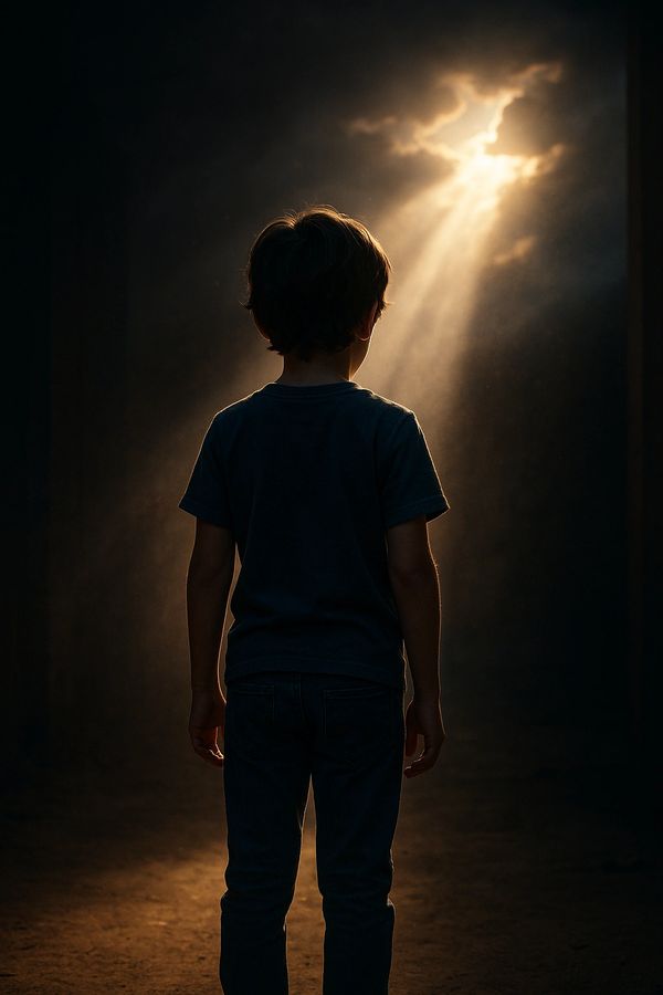 Child standing in darkness illuminated by a dramatic beam of light from above.