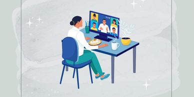 Cartoon of woman sitting at a table with computer in front of her.