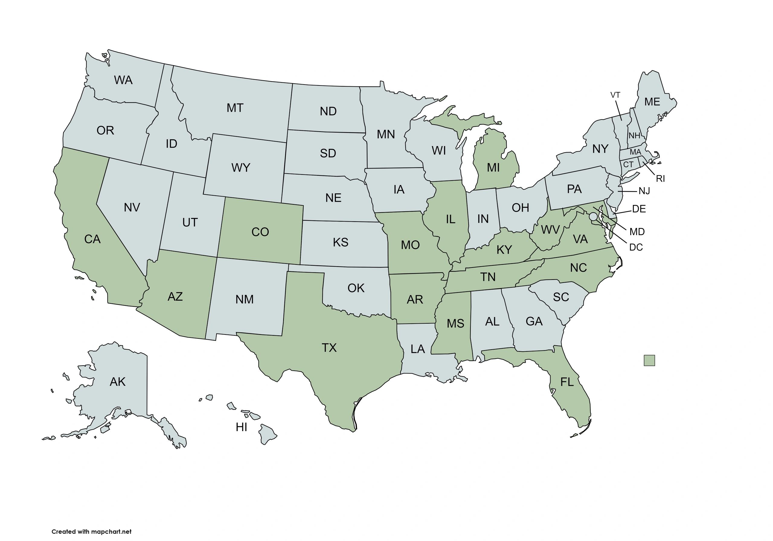 Outline of the USA with outlines of each state. Green states are states we can see clients from.