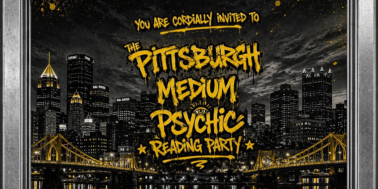 Invitation to Pittsburgh Medium Psychic Reading Party with city skyline and bridges in black and gold.