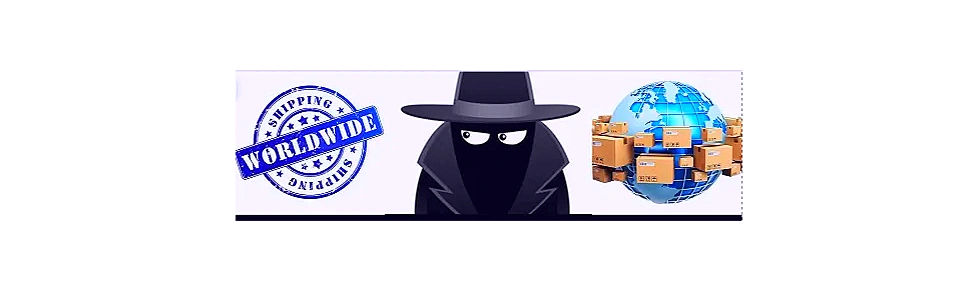 Cartoon black and white spy with trench coat and hat in between a Shipping Worldwide sign & a globe.