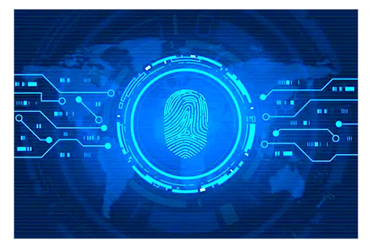 Blue computer readout analyzing a fingerprint. Spy computer. 