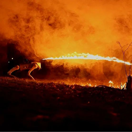 Flamethrower robot dog shooting flames. Fire all around. 