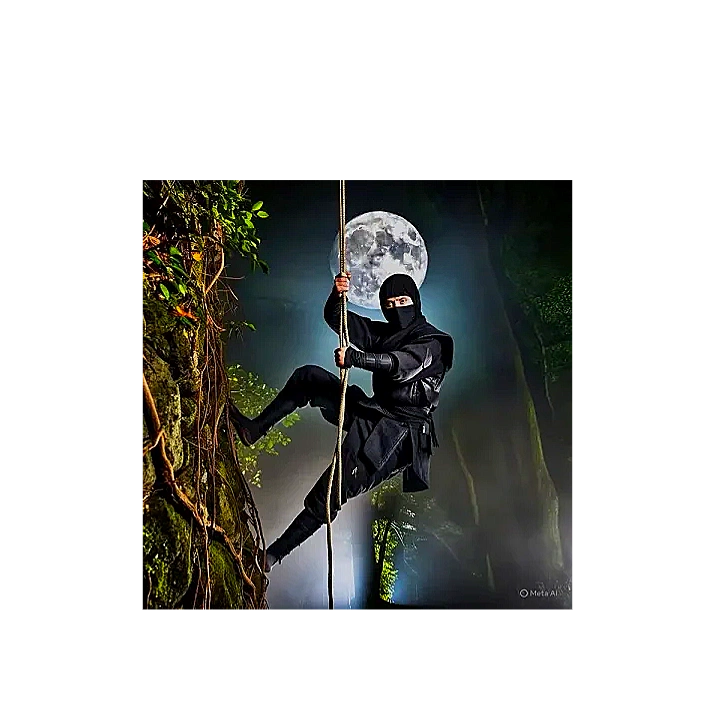 Ninja climbing from a rope on a tree with the moonlight in the background. 