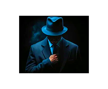 Spy dressed in blue overcoat and hat. His face is hidden. 