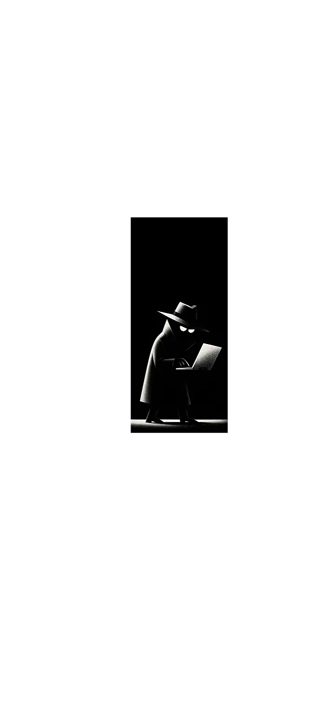 Cartoon spy in black and white hacking into a laptop computer.