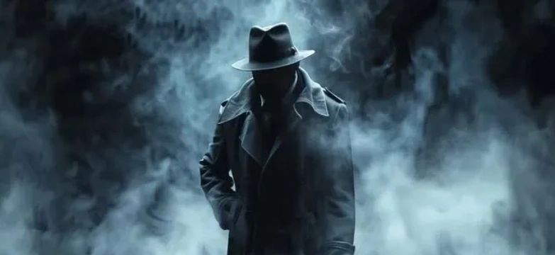 Spy in the dark wearing a trench coat and hat surrounded by smoke and fog. 
