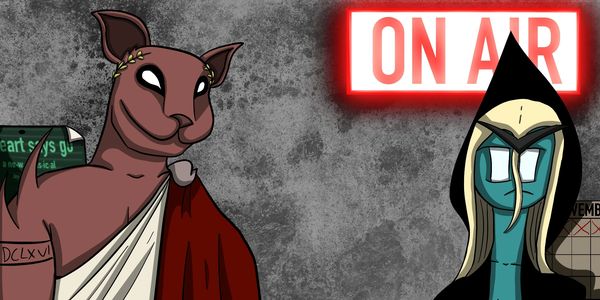 Nero Claudius and Vorythrax Psittacones sitting in front of a Jay Rivera-Herrans poster.