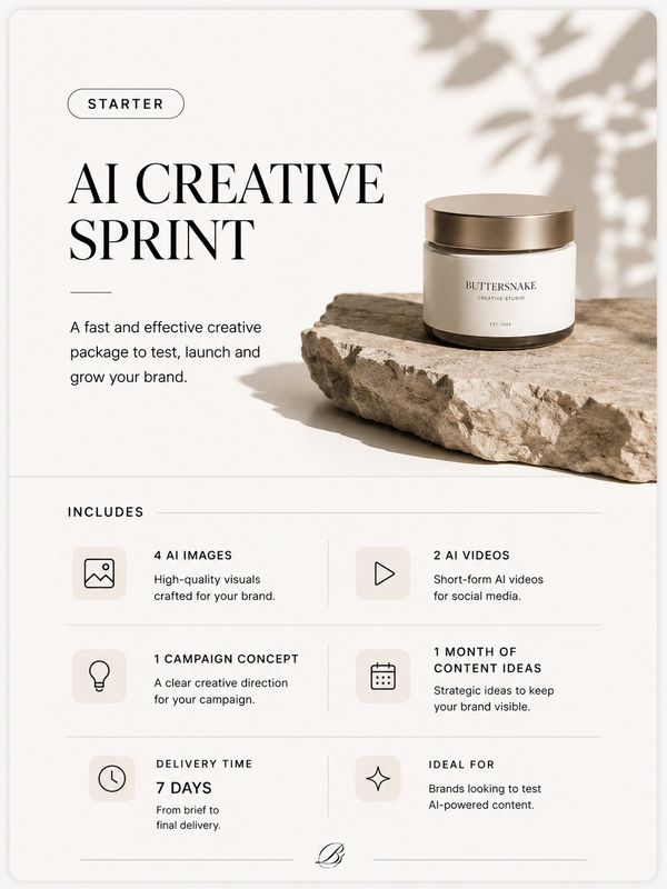 AI Creative Sprint package for fast brand growth with images, videos, and content ideas.