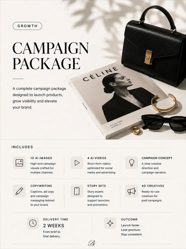 Campaign package offering AI images, videos, copywriting, and more to boost brand visibility and launch products.