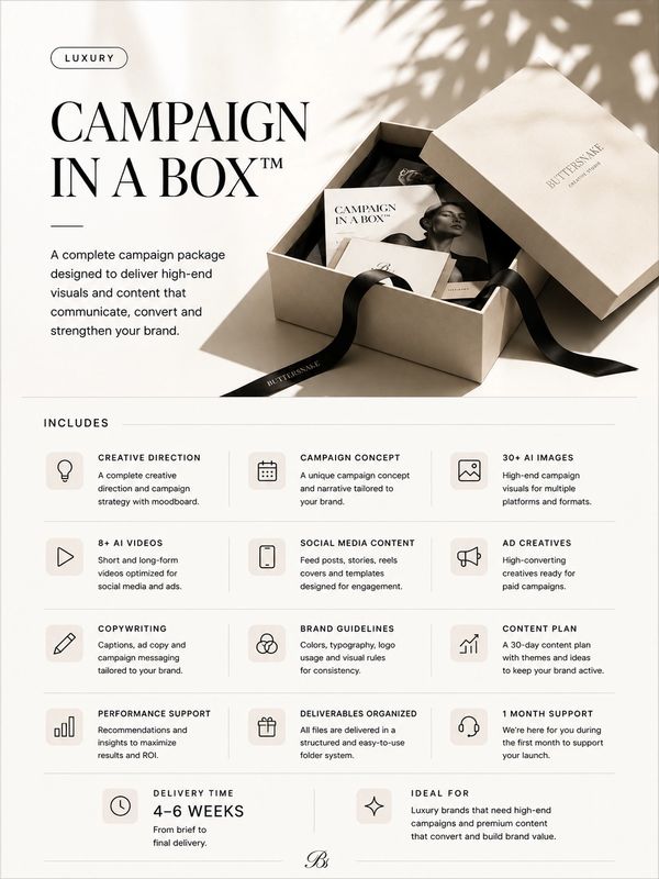 Luxury campaign package offering creative direction, AI content, and support for brand growth.