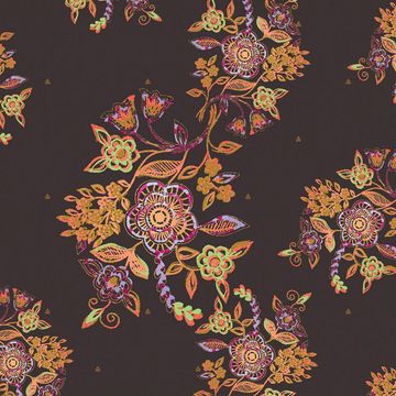 Intricate floral pattern with warm tones on dark background.