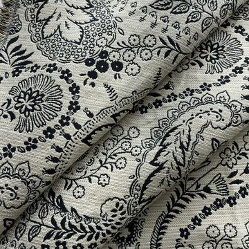 Black and white floral patterned fabric with intricate designs.