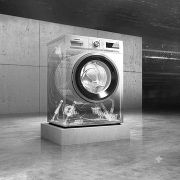 Transparent washing machine showcasing its internal mechanics.