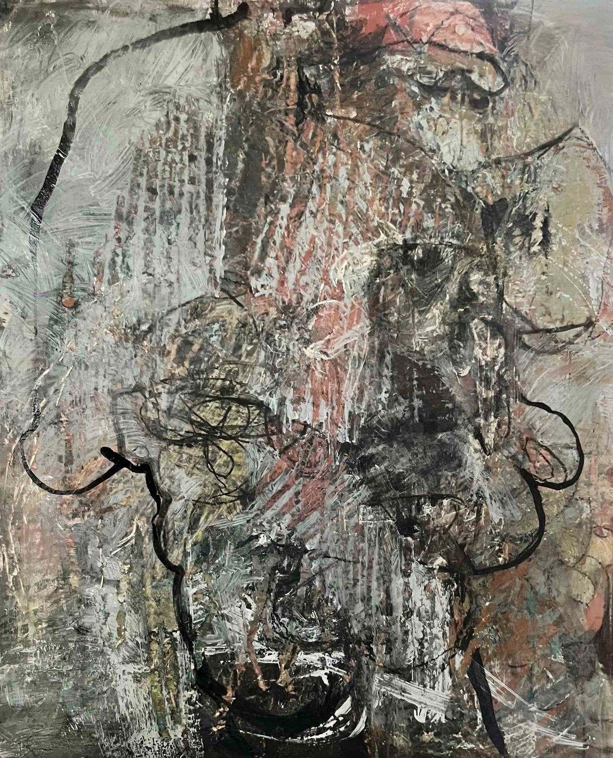 Abstract textured painting with dark lines and muted earthy tones.