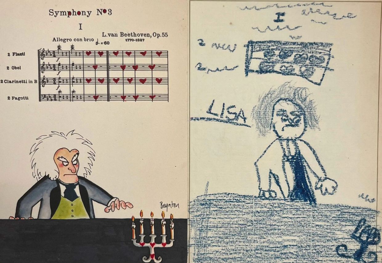 Two drawings of Beethoven, one detailed and one childlike, both angry.