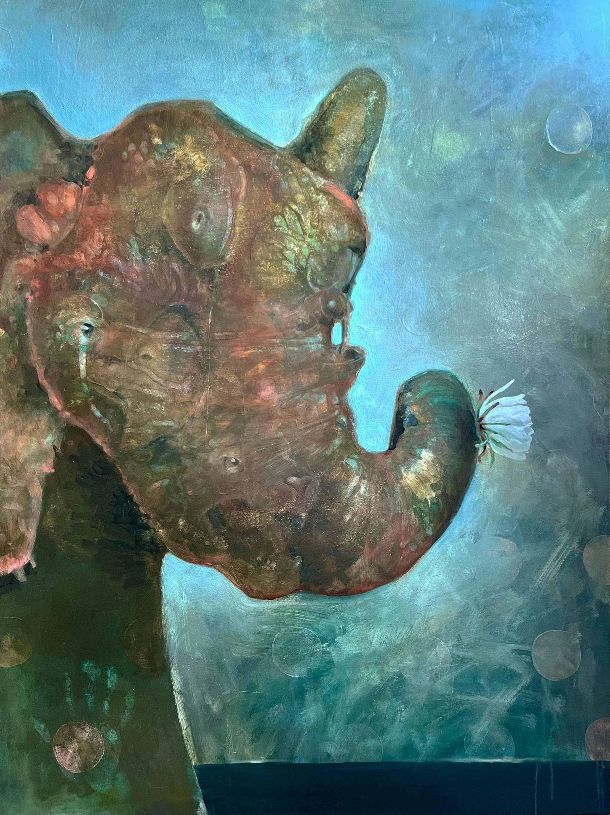 Abstract painting of a rhinoceros with a flower on its horn against a textured blue background.
