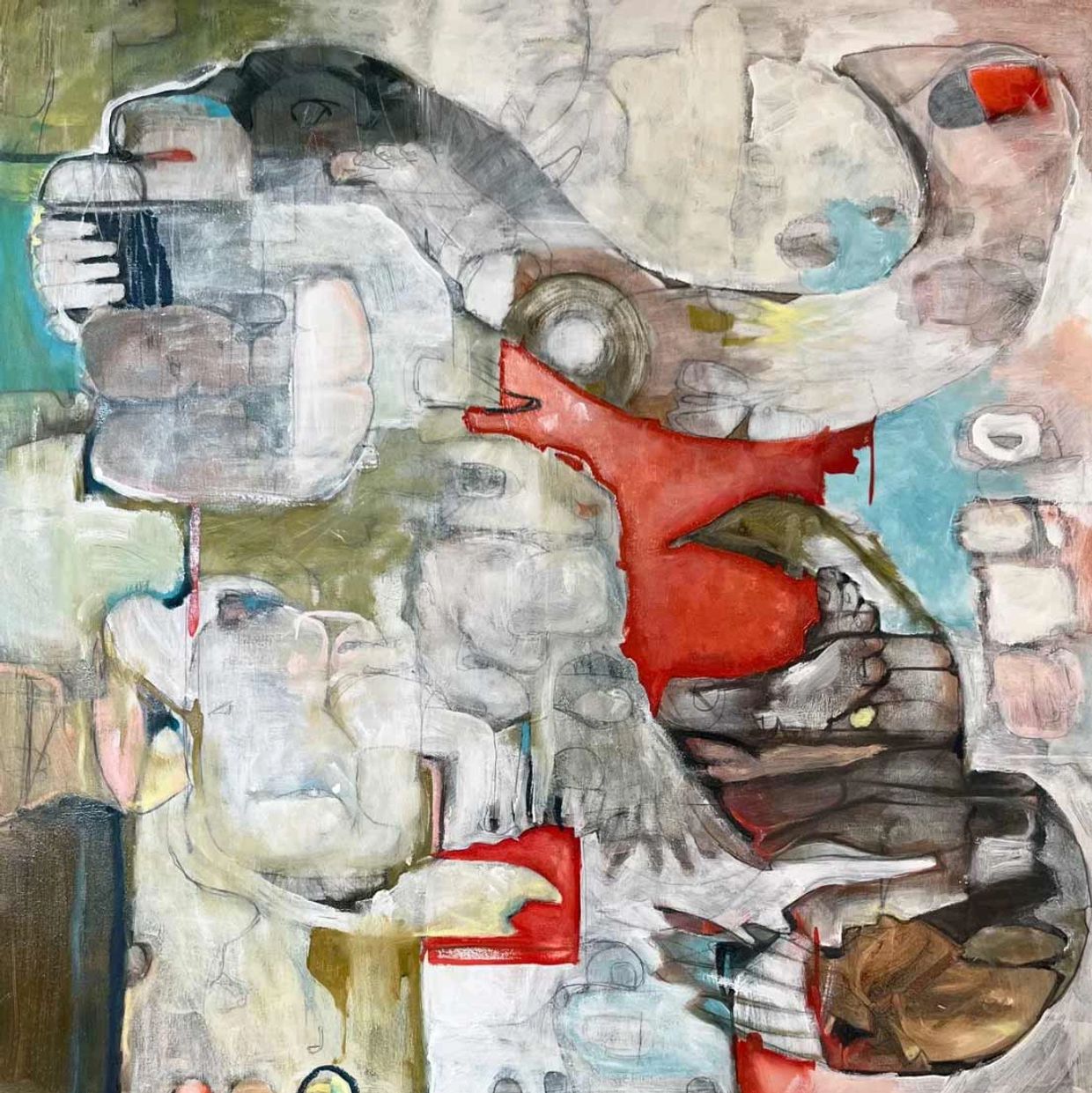 Abstract painting with muted colors and bold red accents.