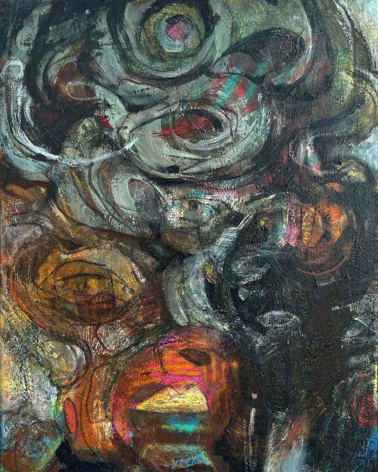 Abstract painting with swirling colors and hidden faces.