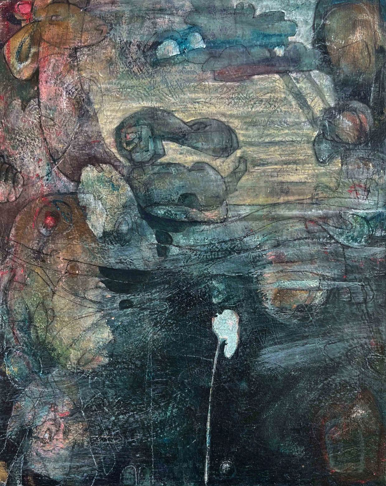 Abstract painting with dark tones and textured layers.