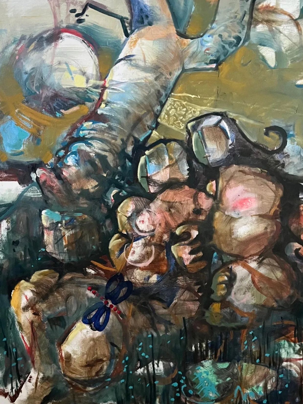 Abstract painting with distorted figures and earthy tones.