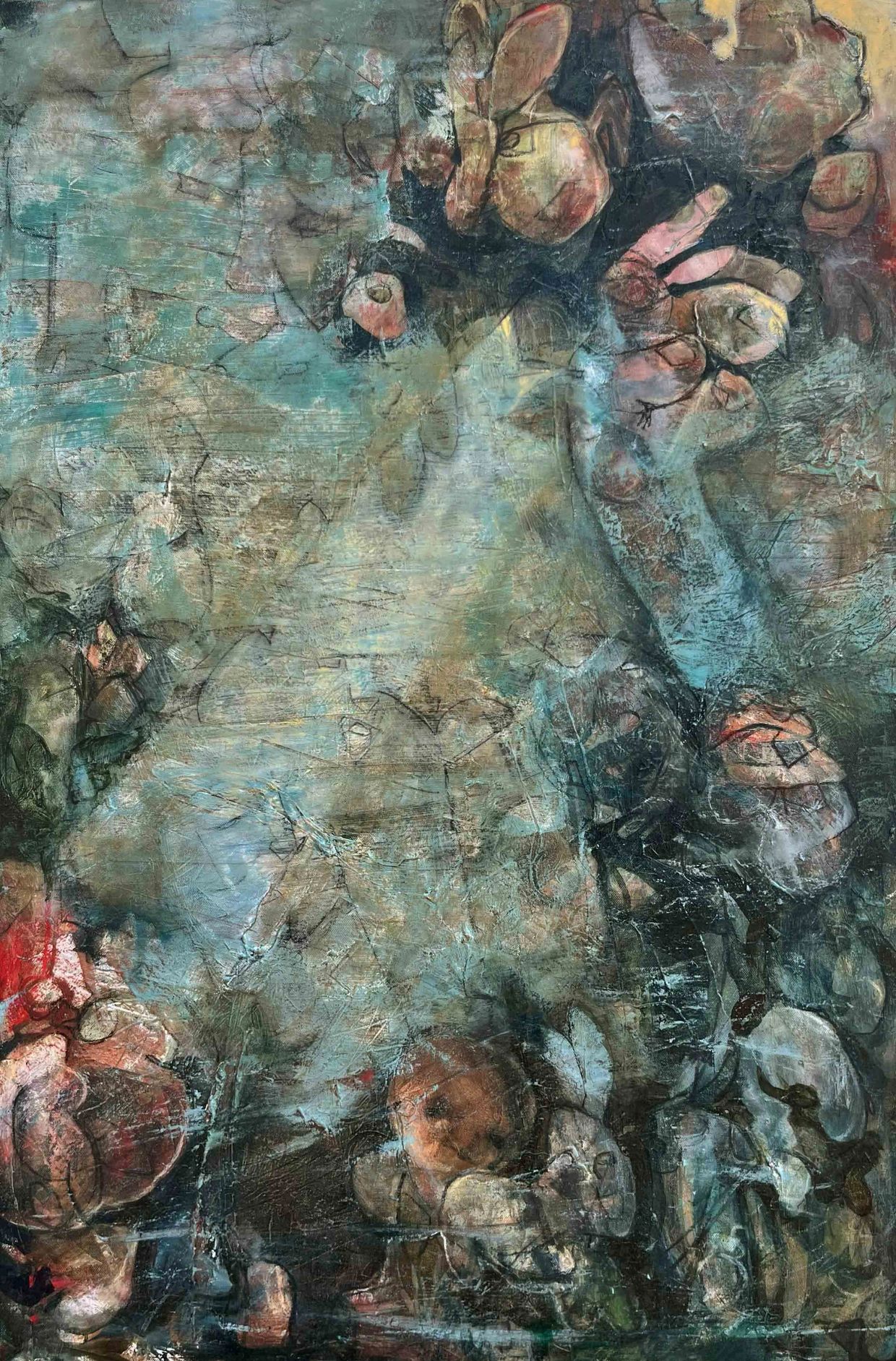 Abstract painting with muted blues, browns, and hints of red and pink.