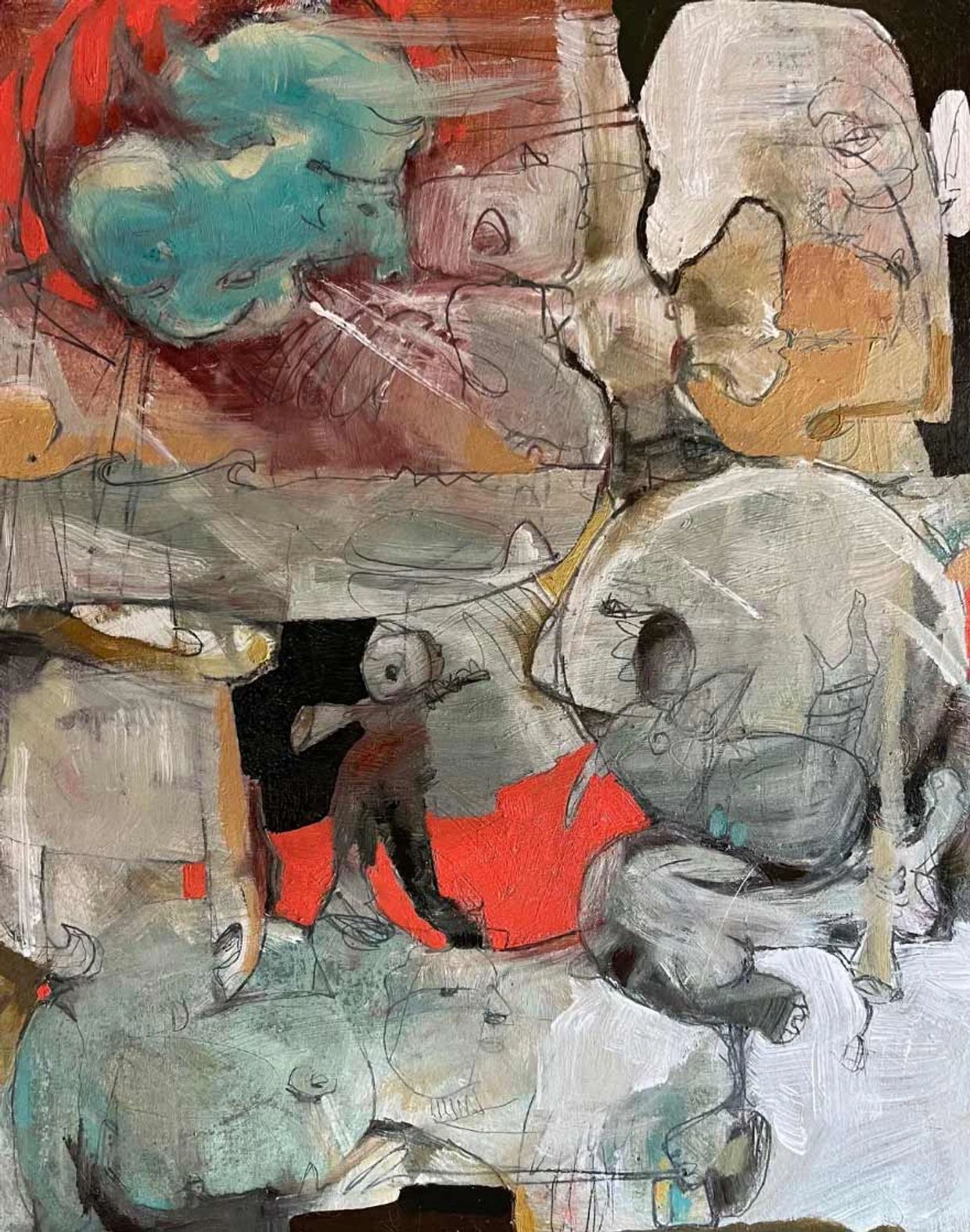 Abstract painting with distorted figures and vibrant colors.