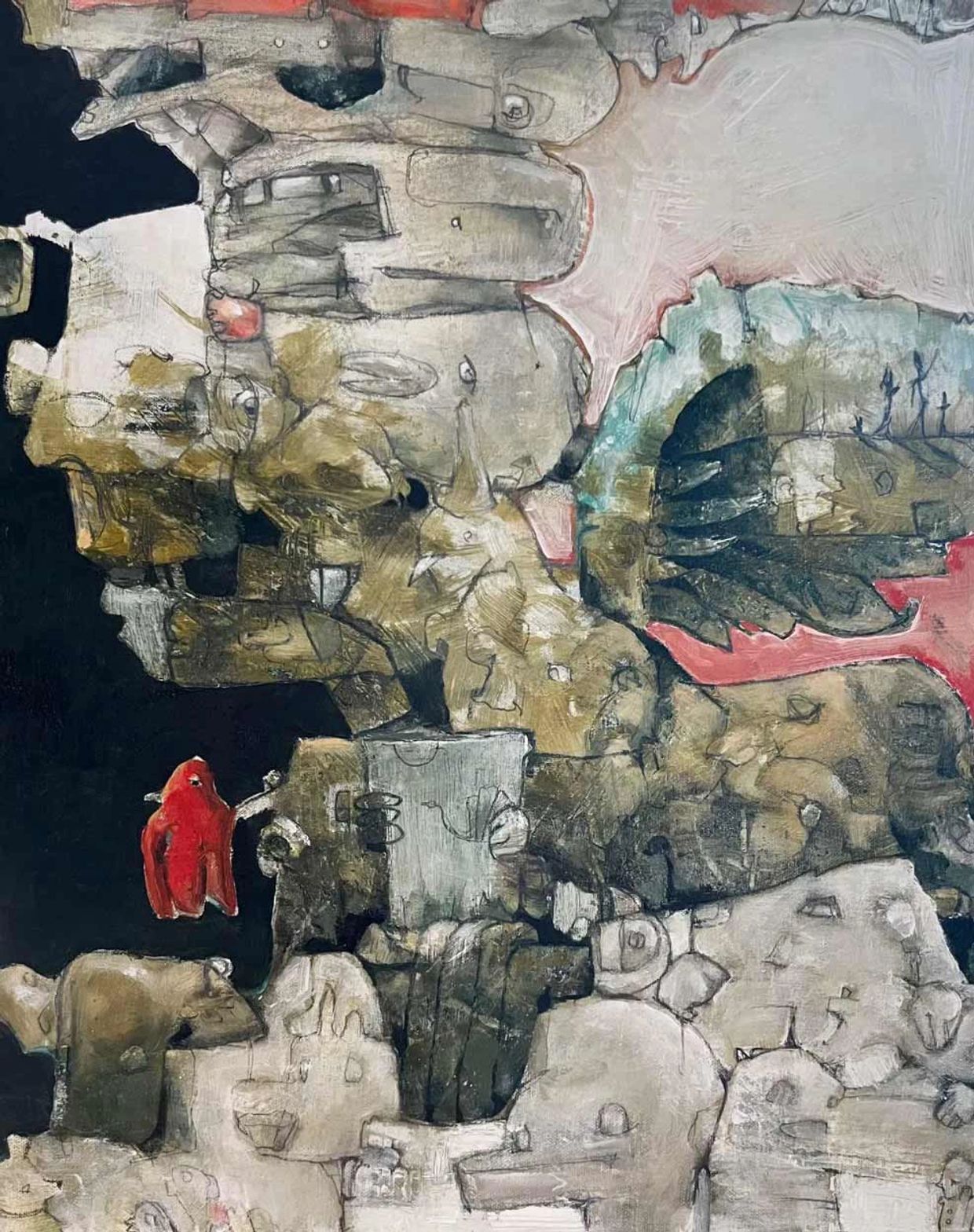 Abstract painting with muted colors and a striking red figure.