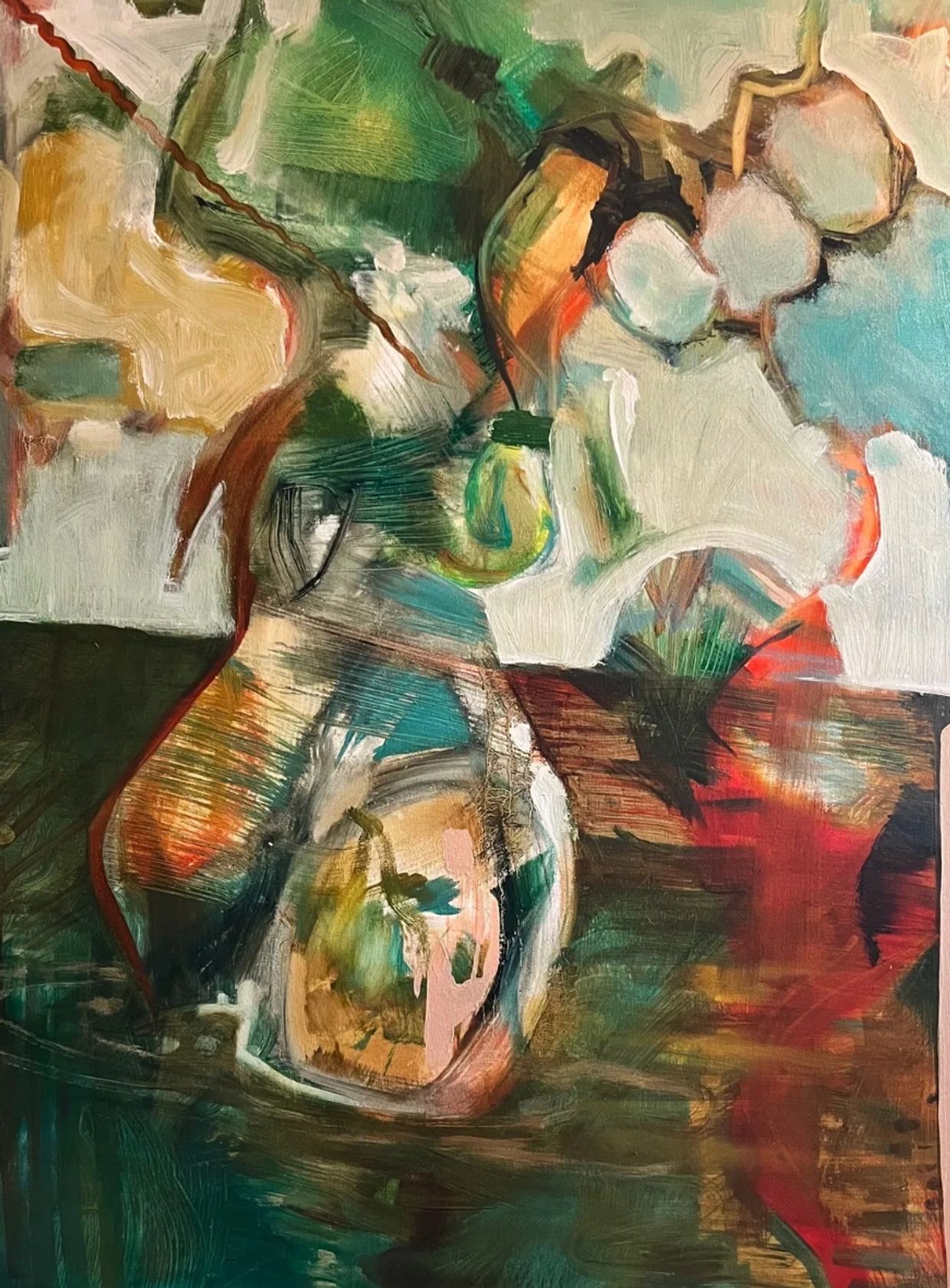 Abstract painting with vibrant colors and dynamic brushstrokes.