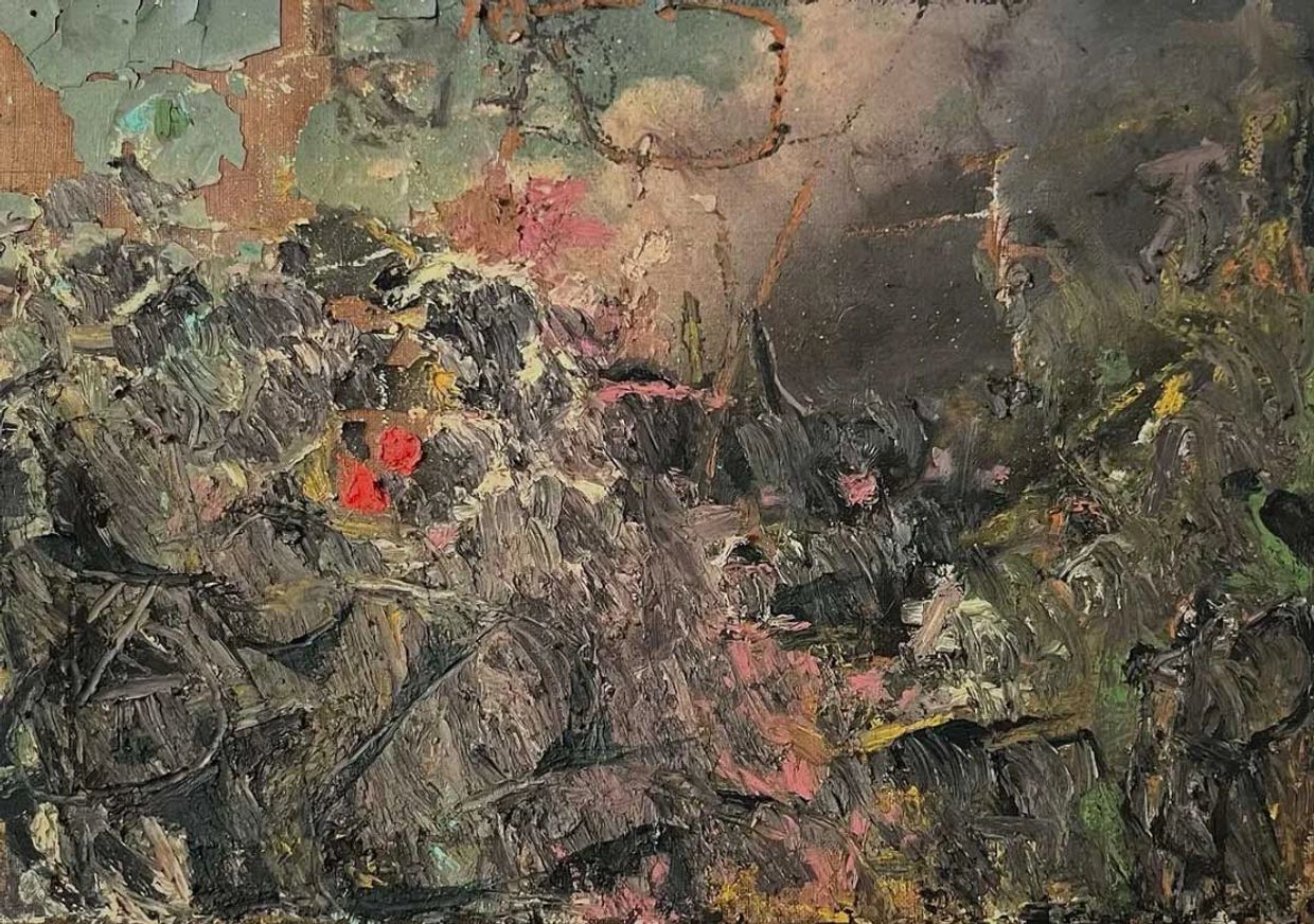 Abstract textured painting with dark, earthy tones and hints of red and pink.