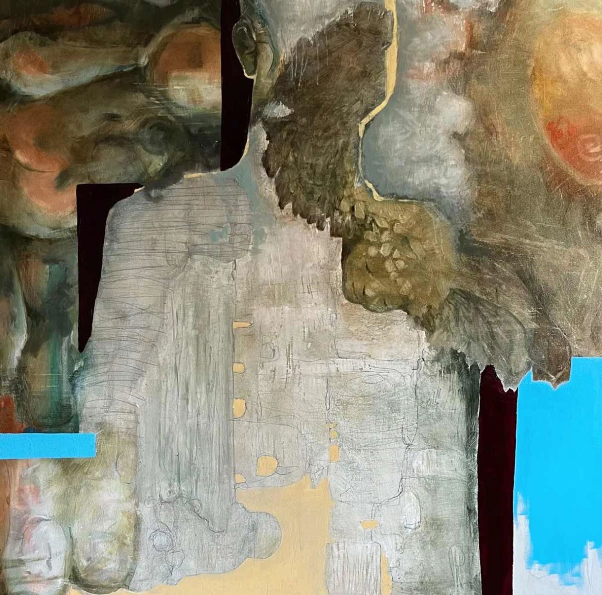 Abstract painting with earthy tones and bright blue accents.