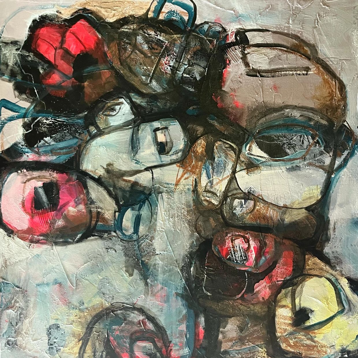 Abstract expressionist painting with faces and vibrant colors blending.