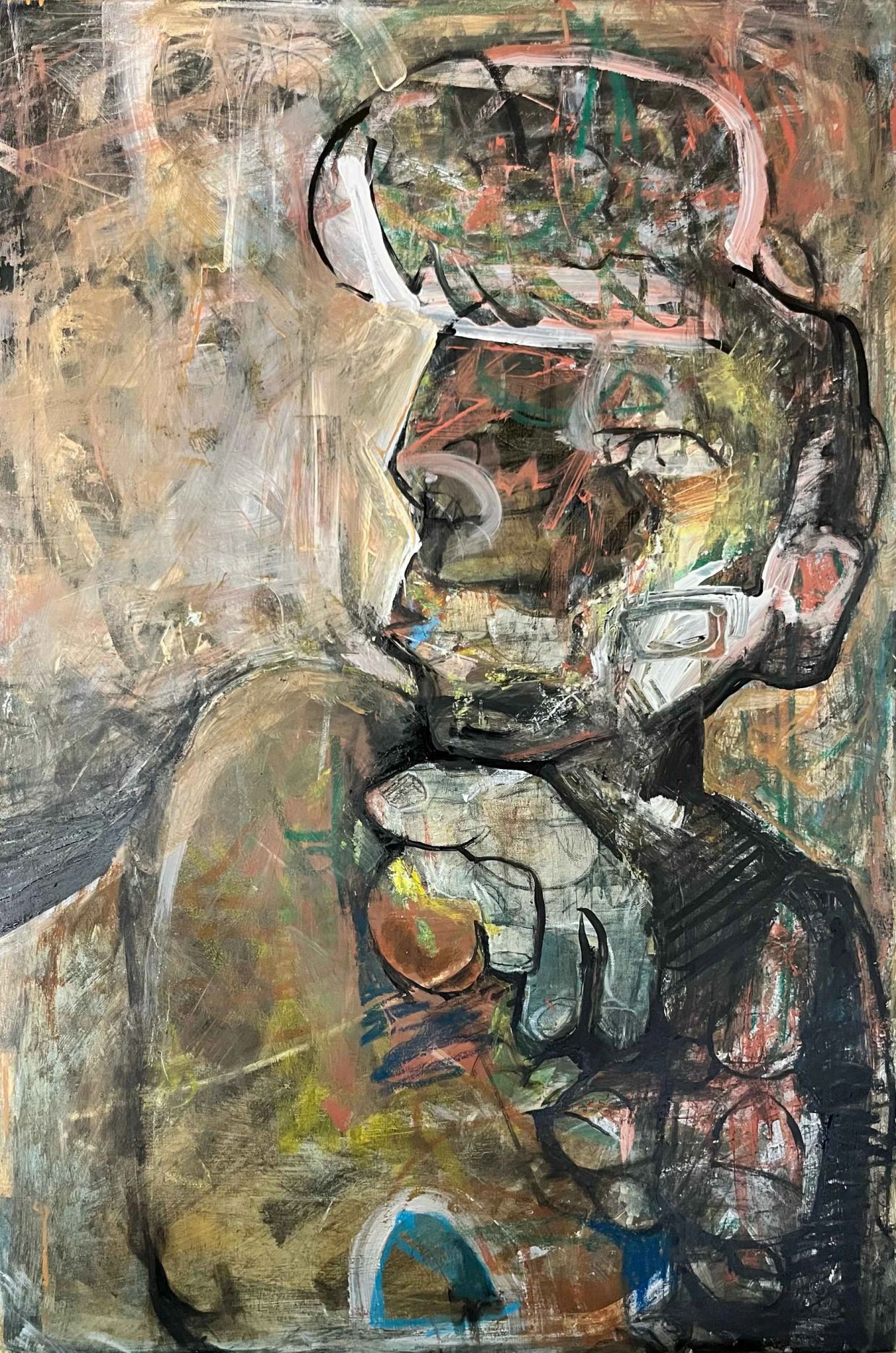 Abstract painting of a pensive figure touching their lips.
