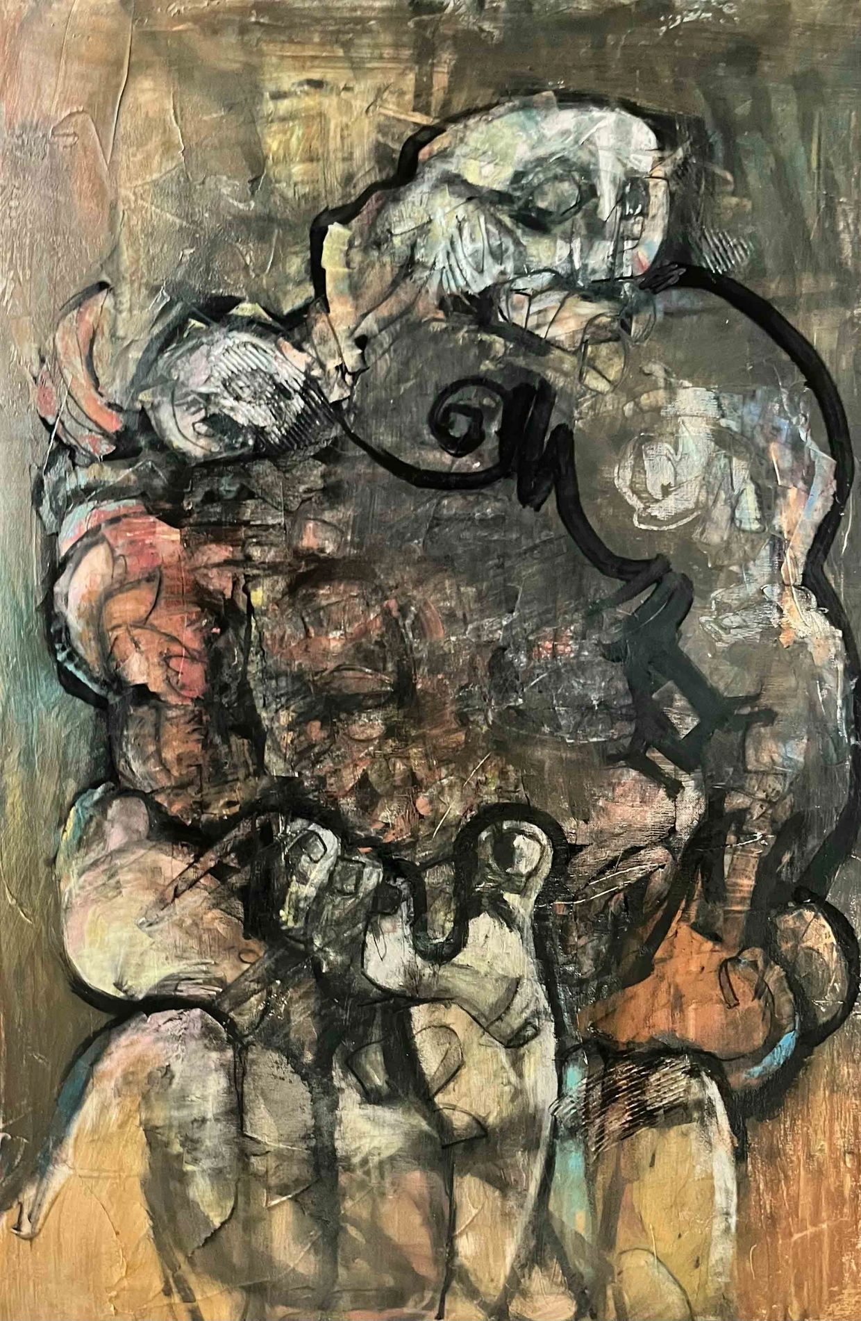 Abstract painting with layered textures and distorted human-like forms in muted tones.