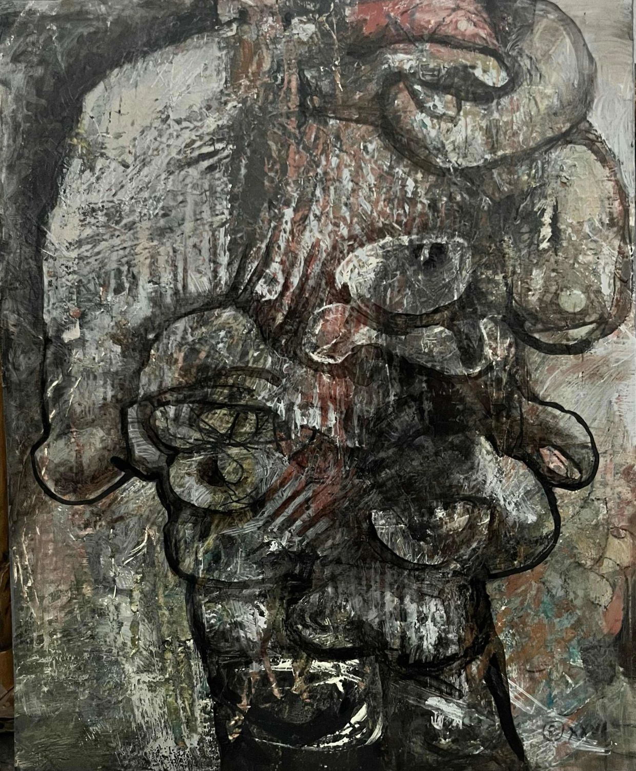 Abstract artwork featuring distorted faces with a dark palette.