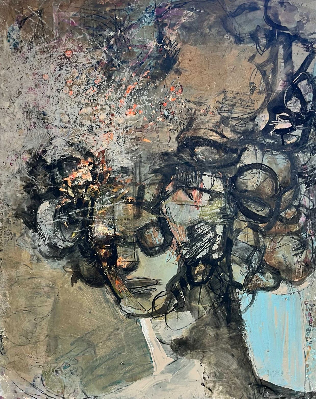 Abstract portrait with swirling dark lines and vibrant splashes of color.