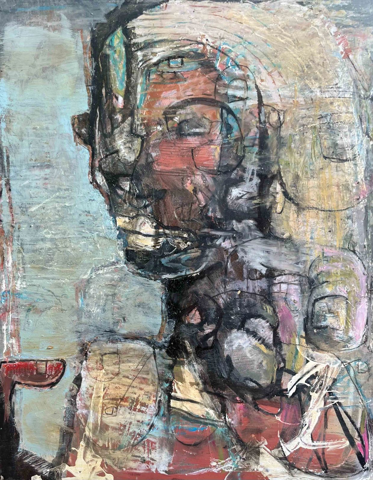 Abstract portrait with layered textures and muted colors.