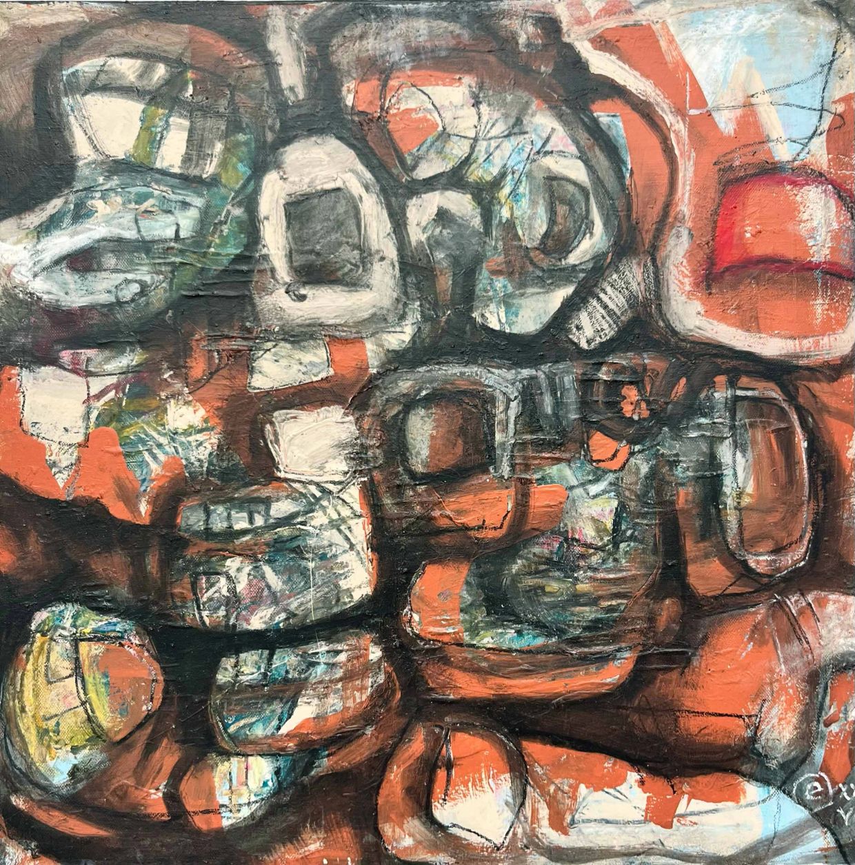 Abstract painting with bold orange and dark outlines.