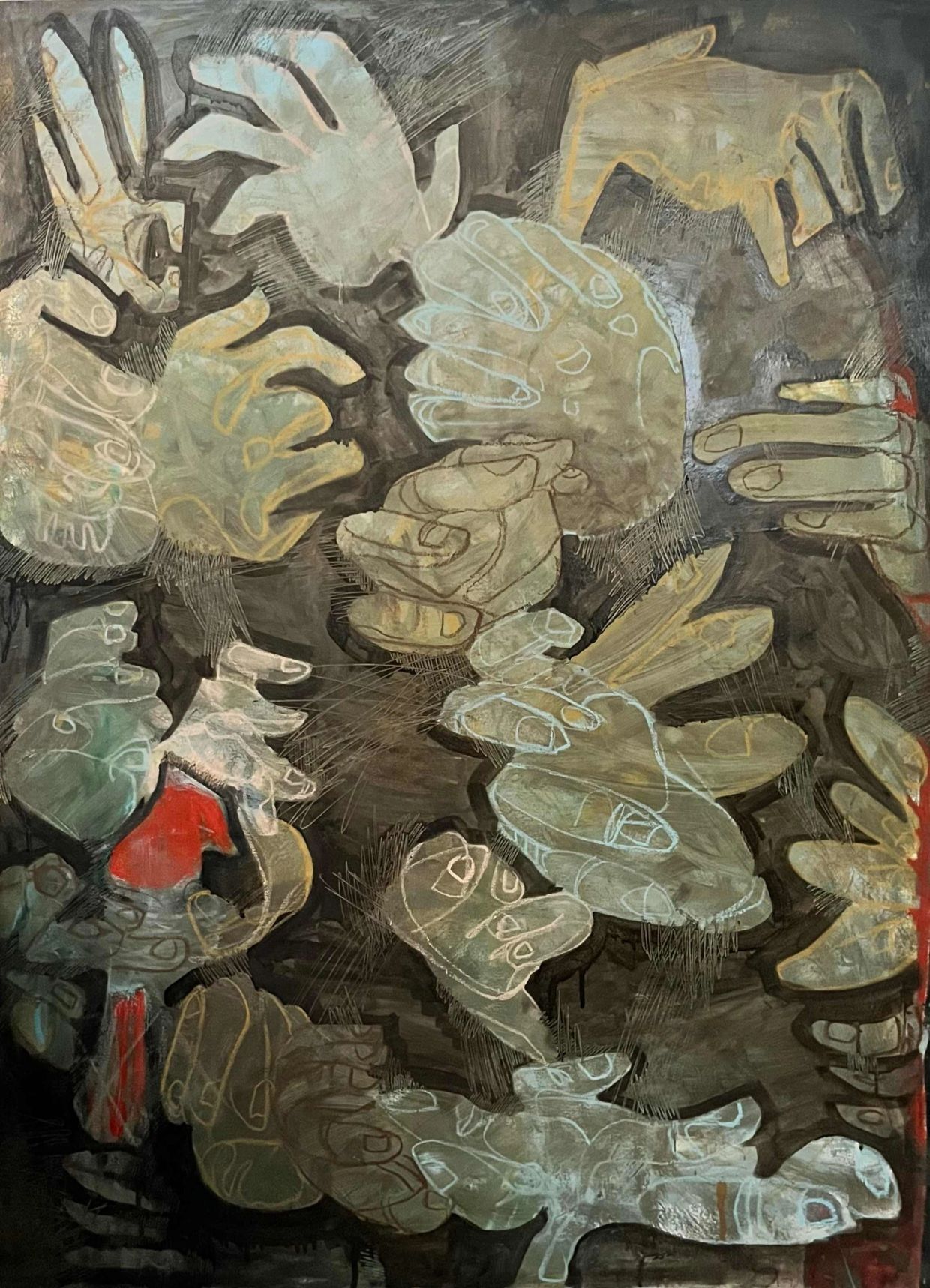 Abstract painting of hands in various poses on a dark background.