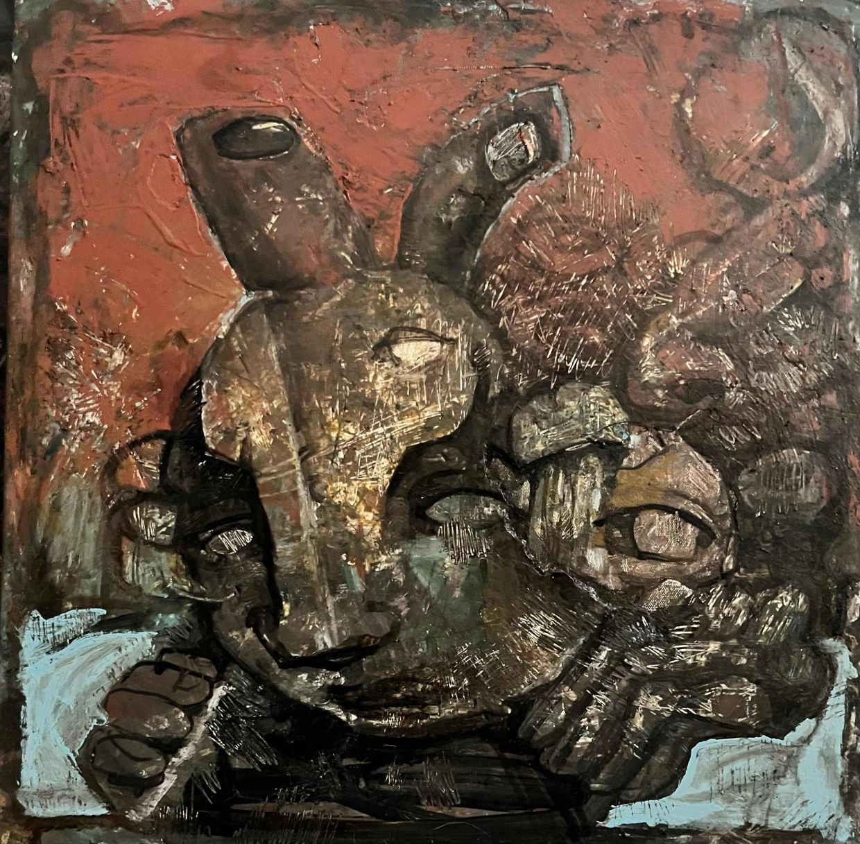 Abstract textured painting of an animal face with earthy tones.
