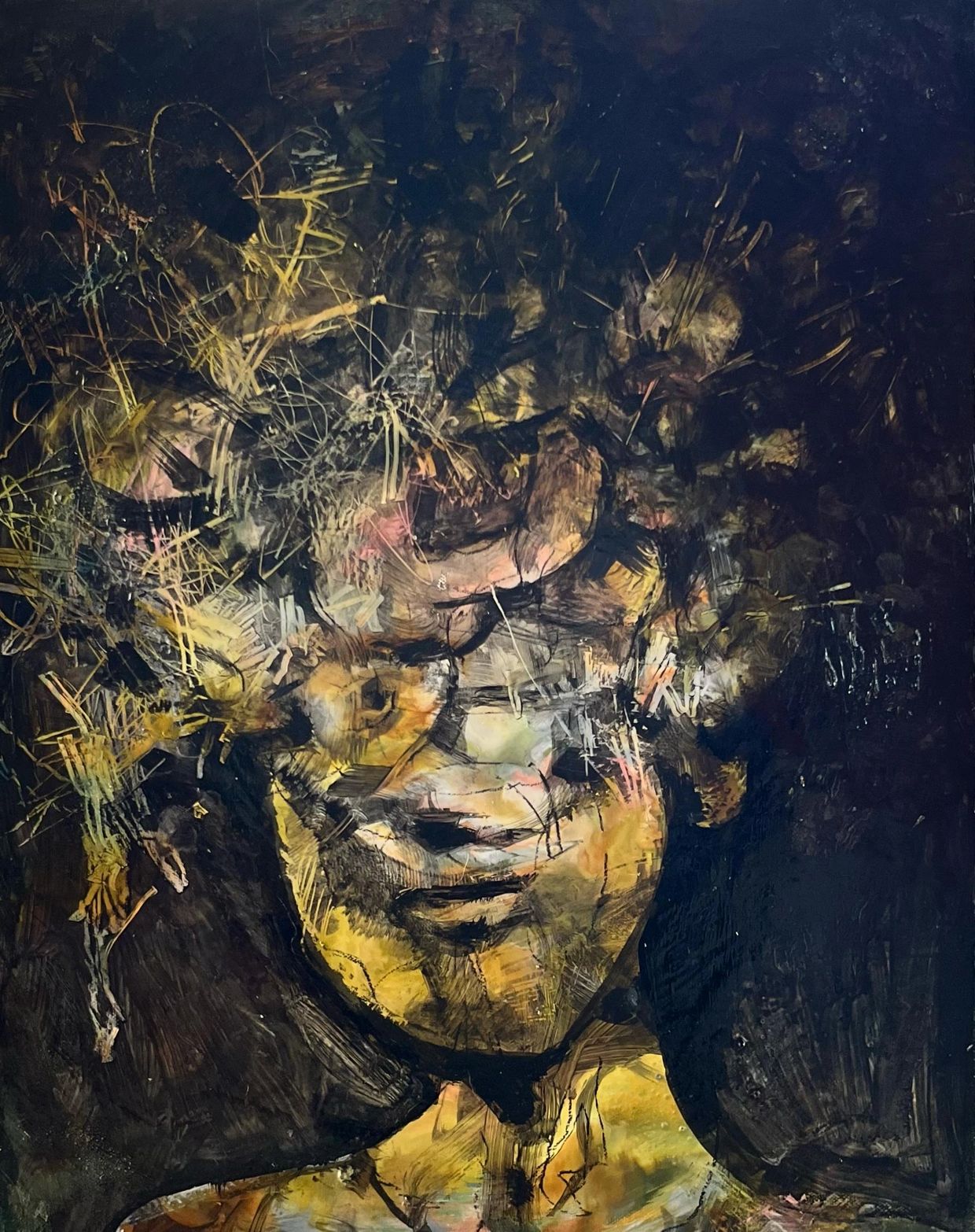 Abstract portrait with dark and golden hues blending into a mysterious face.