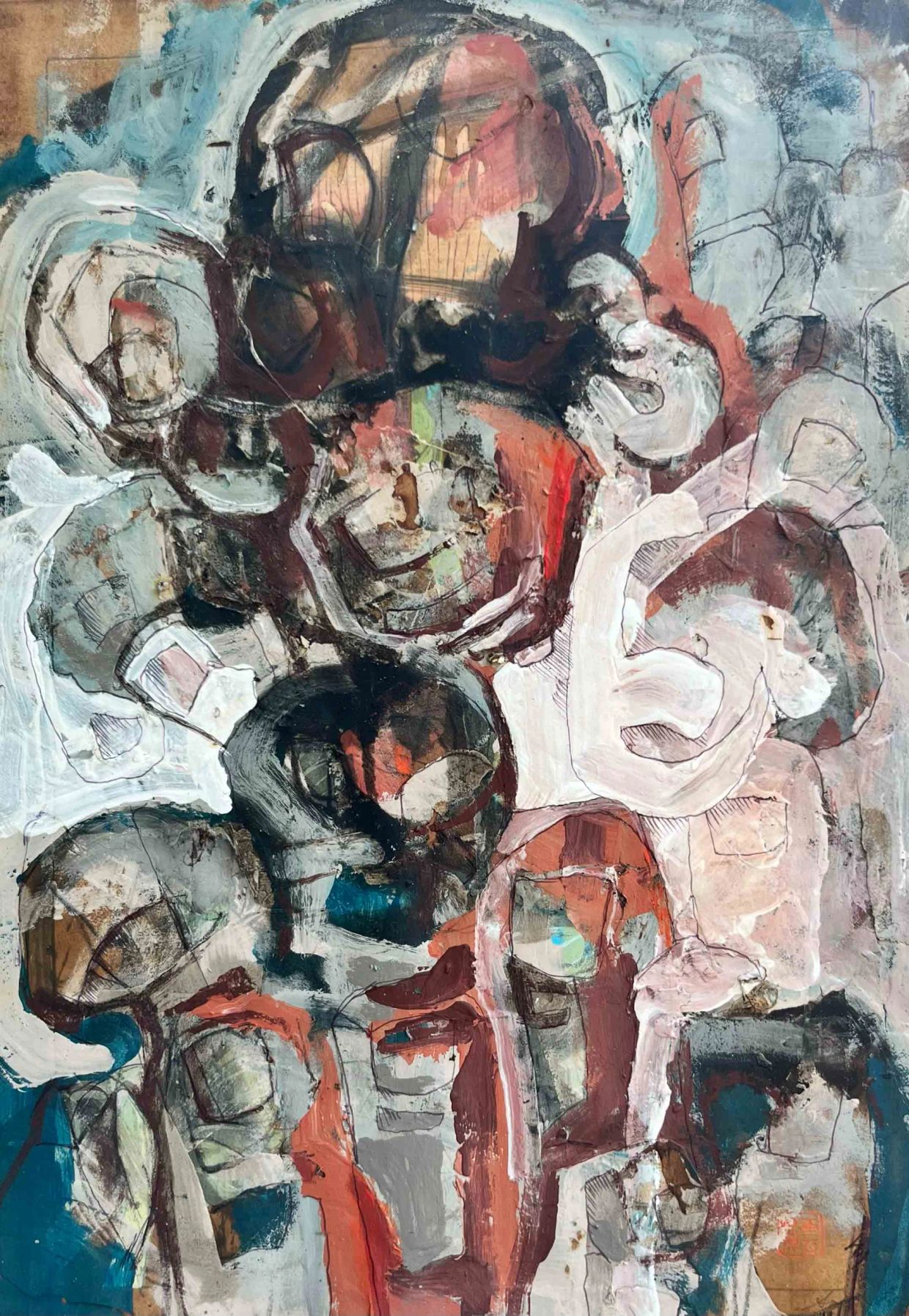 Abstract painting with swirling shapes and earthy tones.